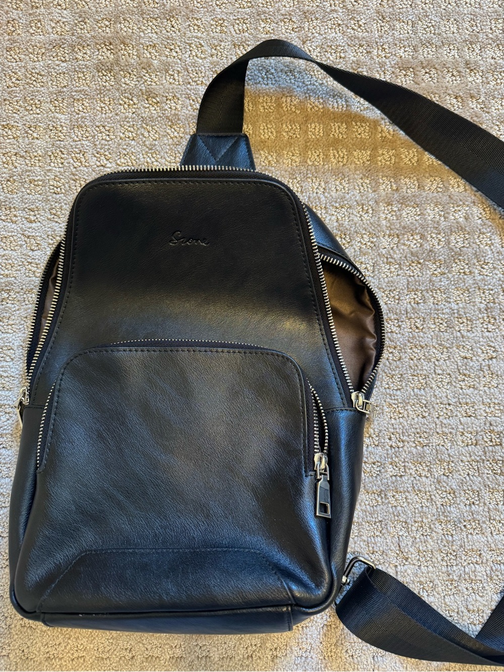 S-Zone Black Leather Sling Backpack Crossbody Bag Unisex Travel Casual Zip